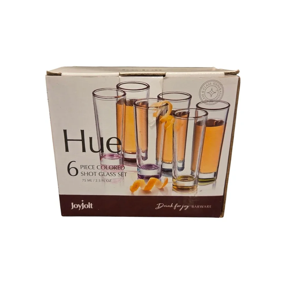 JoyJolt Hue 6 Piece Colored Shot Glass Set 2.5 oz Tall Blown Glass Barware NEW